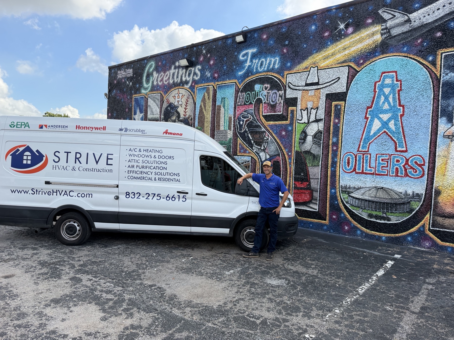 Star Love, founder of Strive HVAC & Construction, with a Strive van in front of Houston's "Greetings From Houston" mural